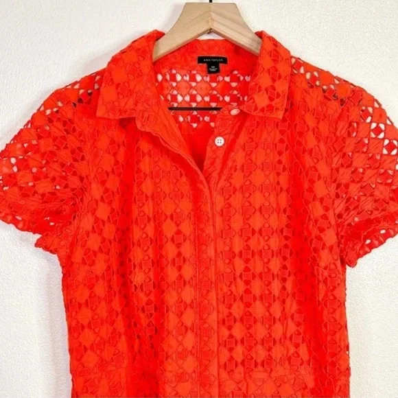Ann Taylor Floral Eyelet Lace Shirt Dress Orange - Picture 7 of 9
